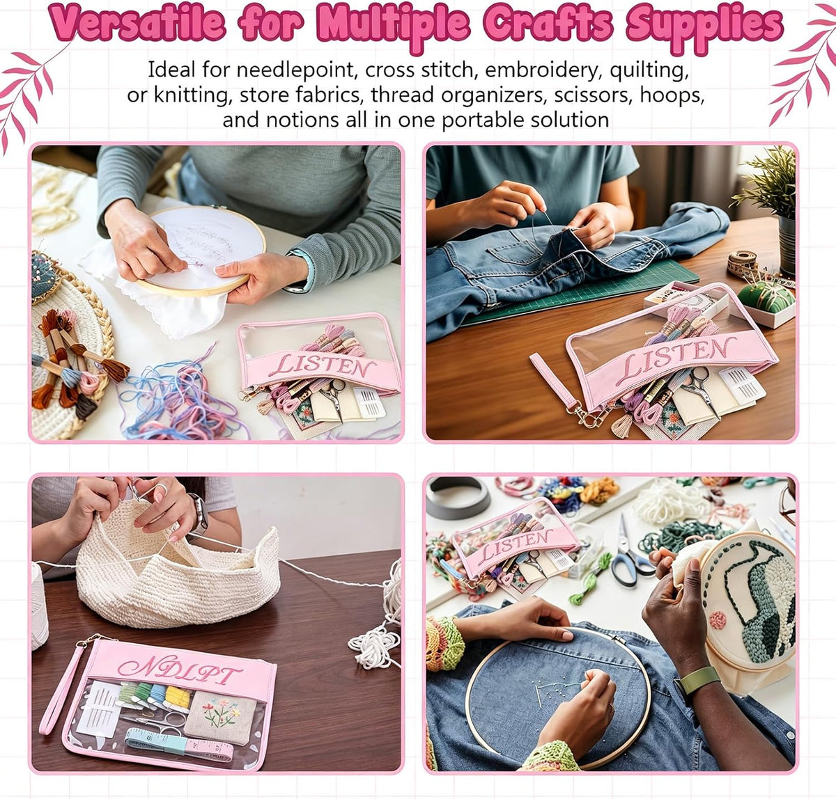 2 Pack Needlepoint Project Bags, Sewing Project Bag 12 * 8.8 Inch "ndlpt" Embroidery Storage Organizer with Zipper, Craft Bags for Quilting Crochet Cross Stitch Knitting Embroidery(Pink)