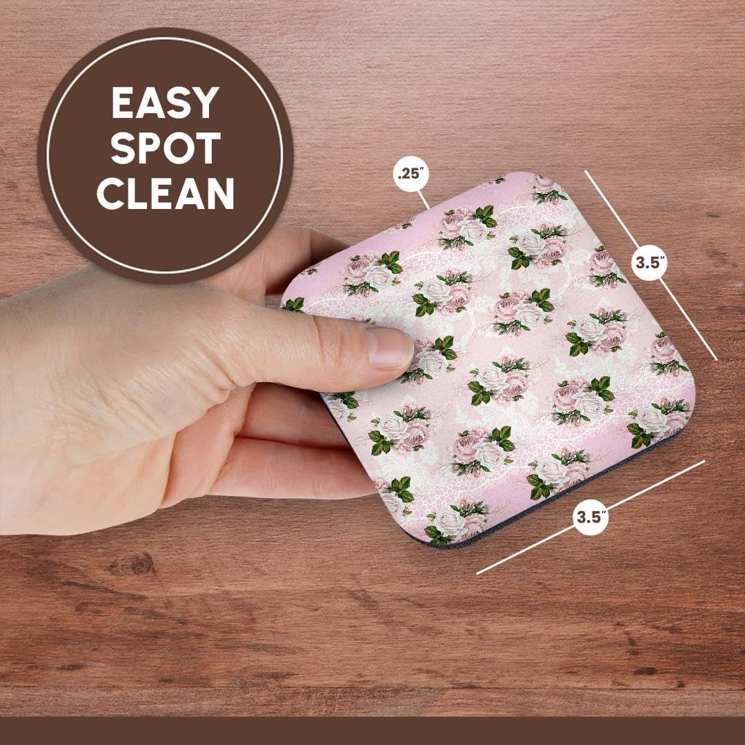 Pretty Light Pink Floral & Image of White Set of 4 Coasters - Soft