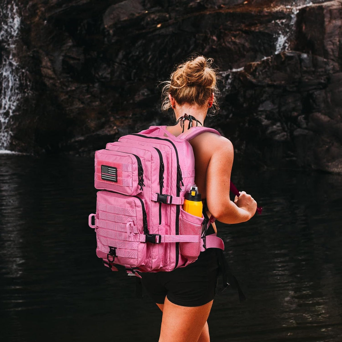45L MOLLE Assault Backpack, Tactical Backpack Military Army Camping Rucksack with Bottle Holder, 3-Day Pack Trip w/USA Flag Patch, D-Rings, Pink