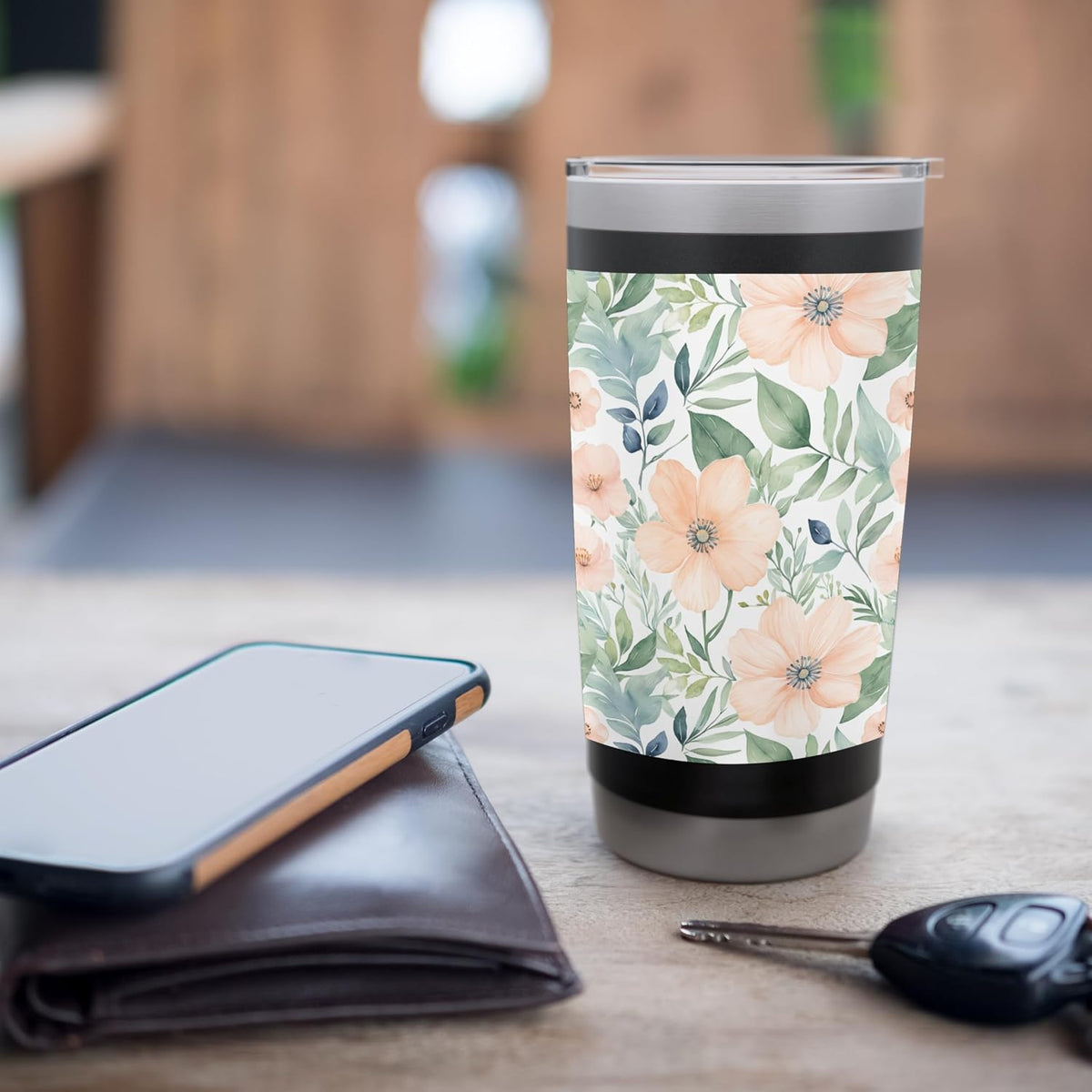 Peach Flowers and Green Leaves, Watercolor Pattern Stainless Steel Insulated Tumbler