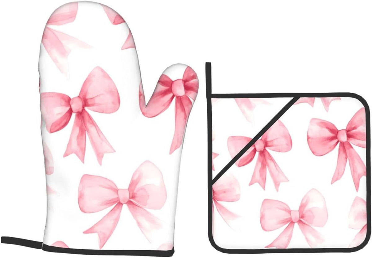 Pink Bow 4pcs Oven Mitts and Potholders BBQ Gloves,Non-Slip Heat Resistant for Kitchen,Cooking,Baking