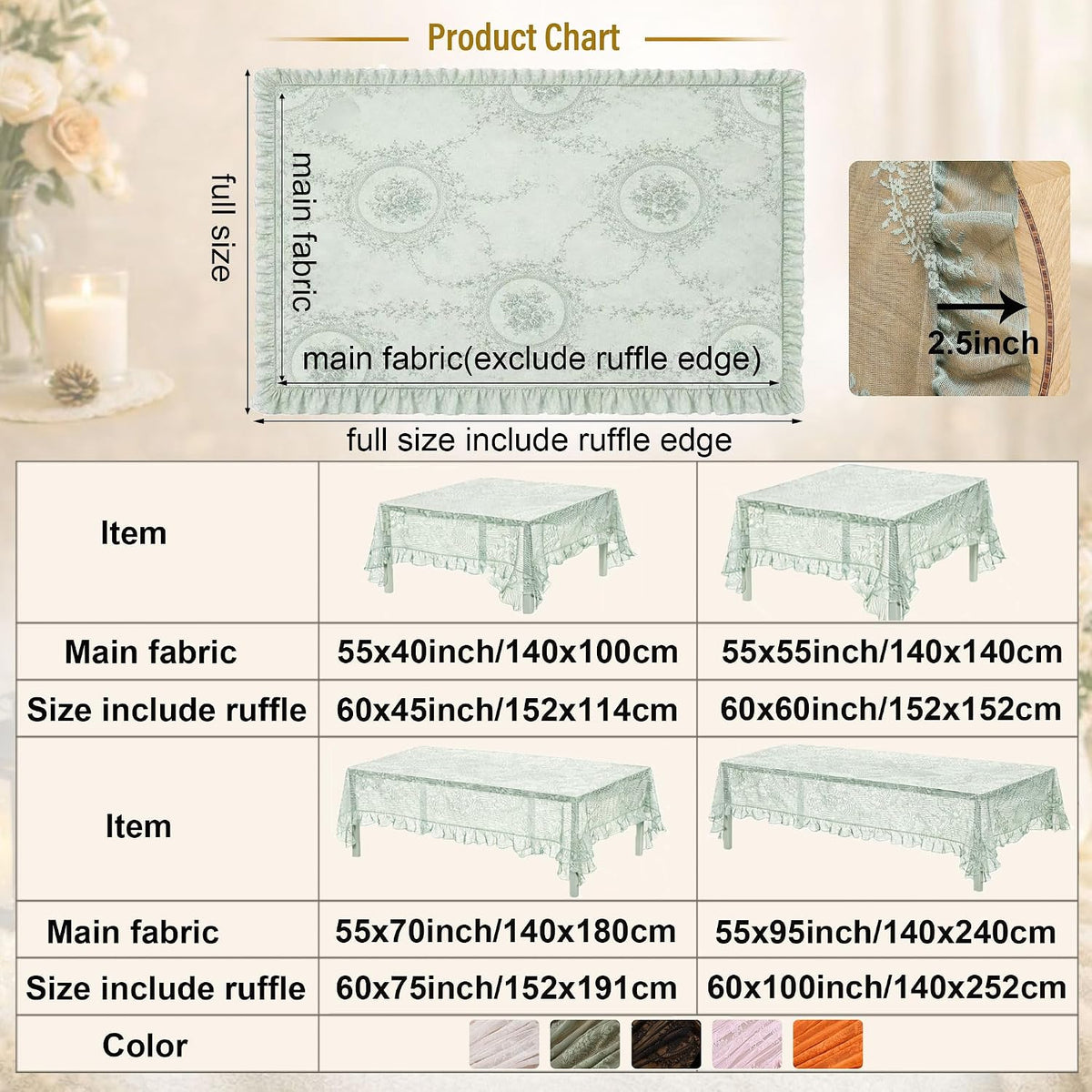 Pink Lace Tablecloth Floral Rectangular Table Cloth 95”x55”