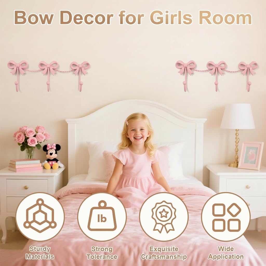 Pink Bow Wall Hooks for Girls Room, Nursery Decor, 13.58*4.33 inches
