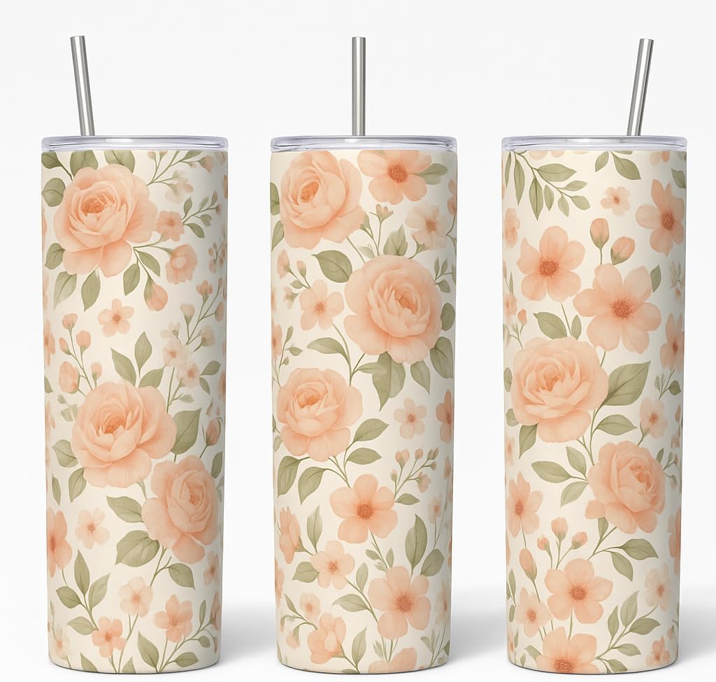 Floral Tumbler Set with Straw, 20oz Insulated Travel Cup, Peach Rose Pattern with Sage Leaves
