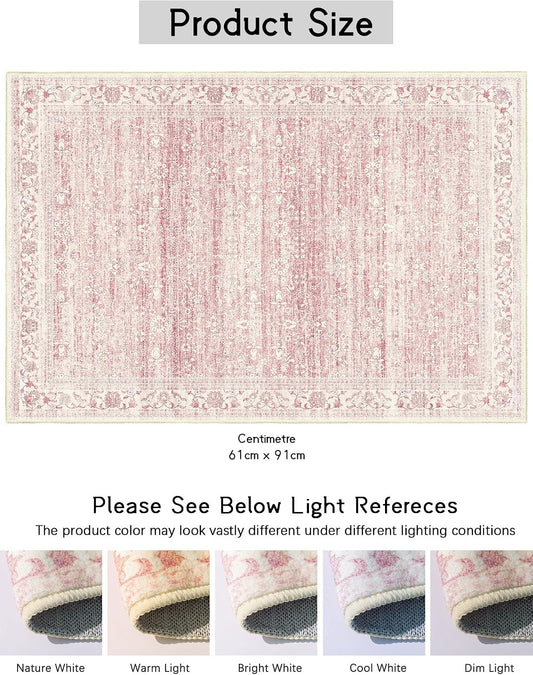 Pink 5x7 Area Rugs for Living Room, Washable Vintage Boho Rug | Non Slip, Stain Resistant, Soft Low Pile Floor Carpet Indoor, for Bedroom Office Kitchen Bathroom