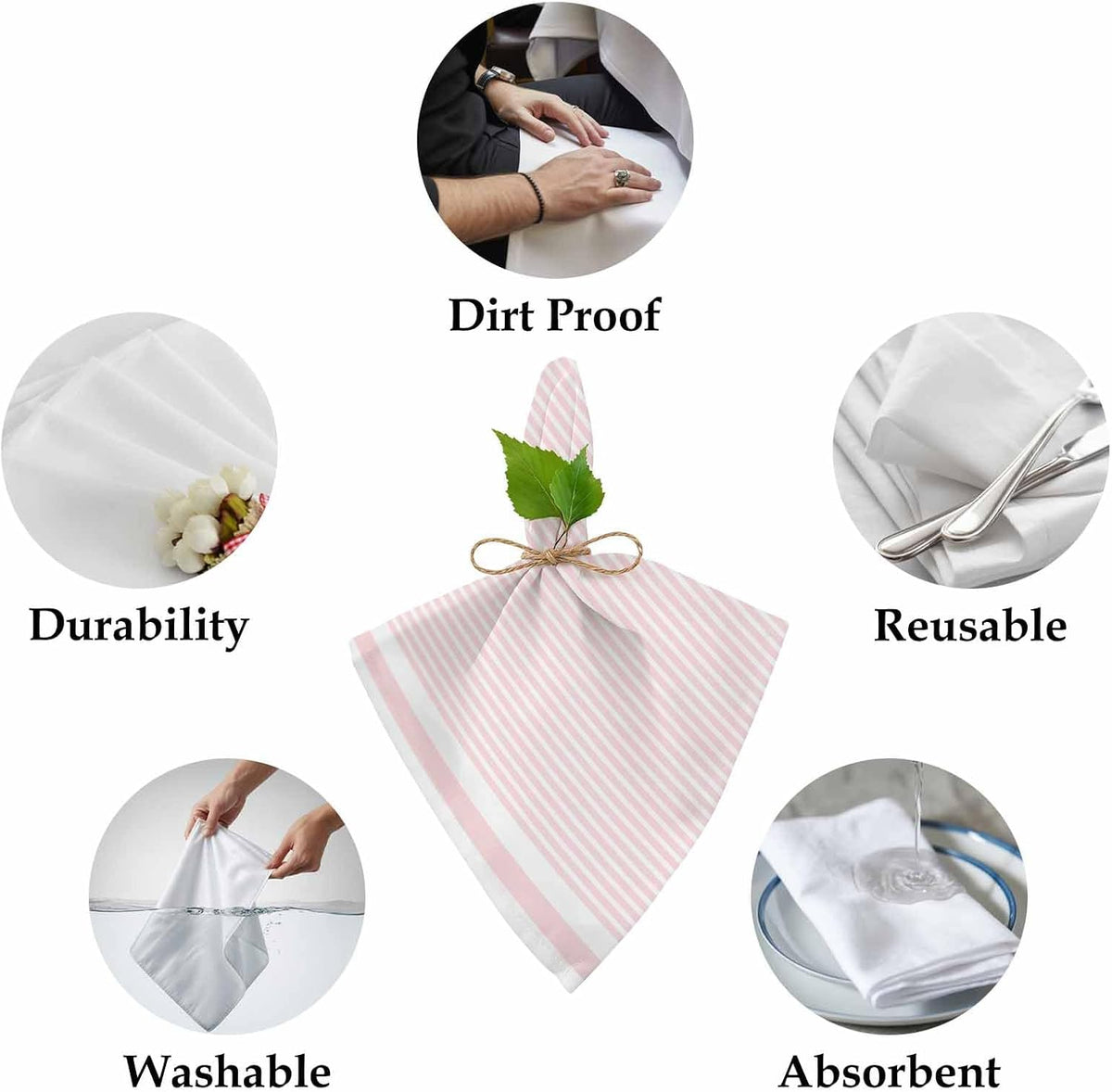 Cloth Napkins 20 x 20 Inch Pink Stripe Soft Absorbent Dinner Napkins Stripe Pink White Washable Reusable Kitchen Napkin Sets for Parties Wedding Restaurant Hotel