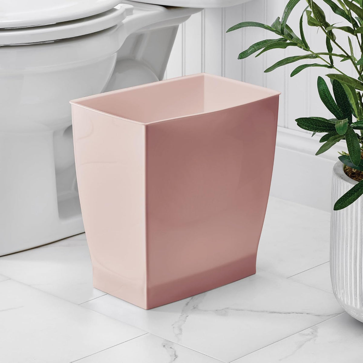 Small Plastic Bathroom Trash Can, Slim Rectangle Garbage Bin, Pink