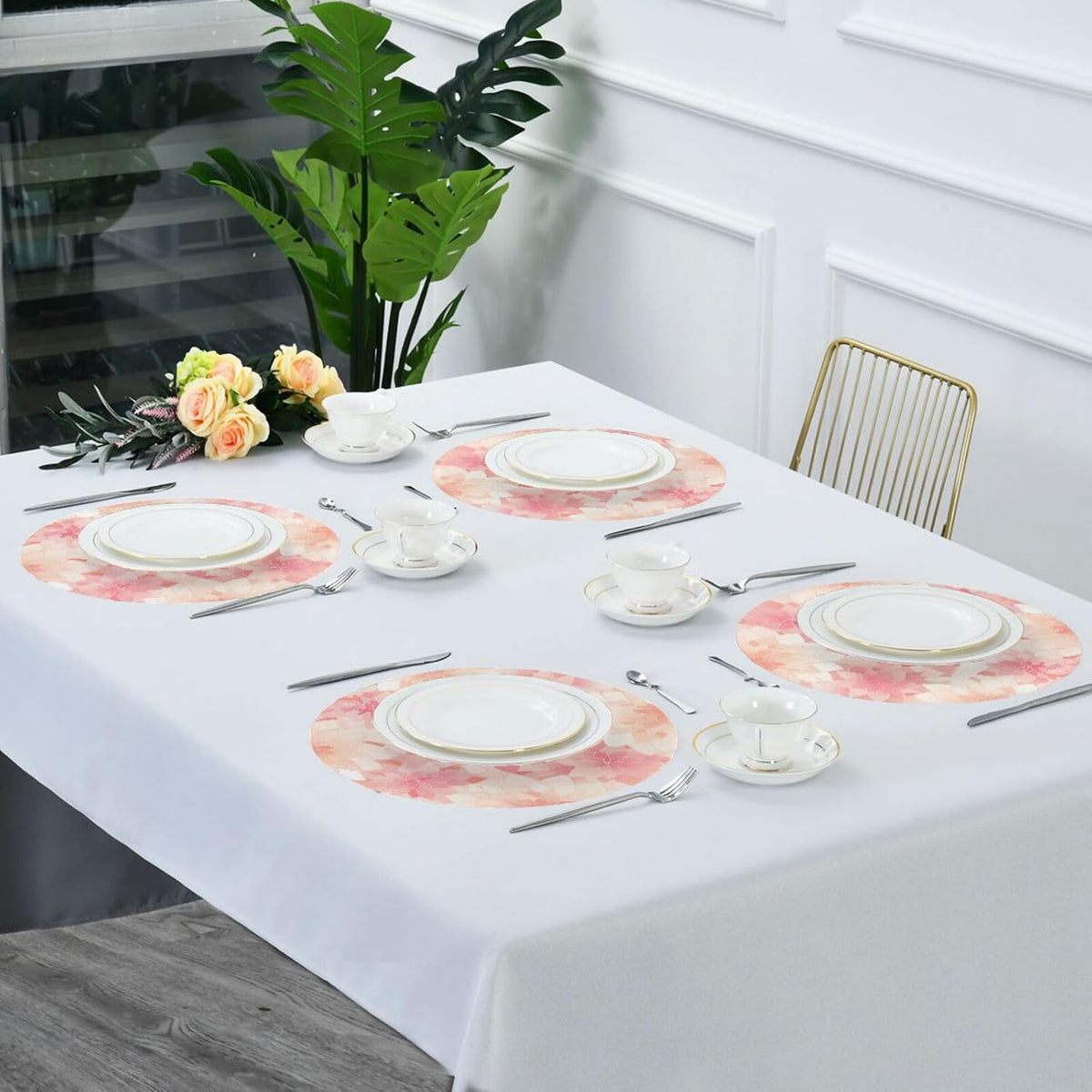 Rosette Floral Pattern Peach Gold Round Natural placemats Vinyl Waterproof Round placemats for Dining Table Set of 6 15.4x15.4in