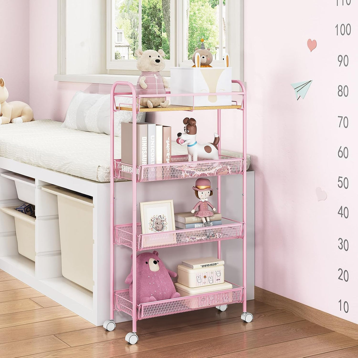 4-Tier Slim Rolling Cart, Metal Storage Cart with Wooden Tabletop and Mesh Baskets for Narrow Space on Kitchen Bathroom Laundry Room Bedroom Apartments Dormitory