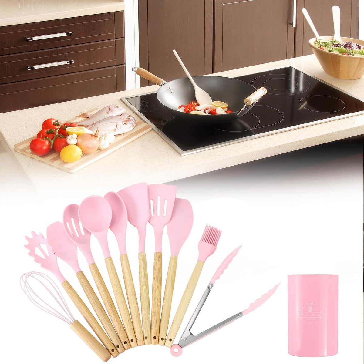 12 PCS Silicone Kitchen Utensils Set with Wood Handle – Pink Tools