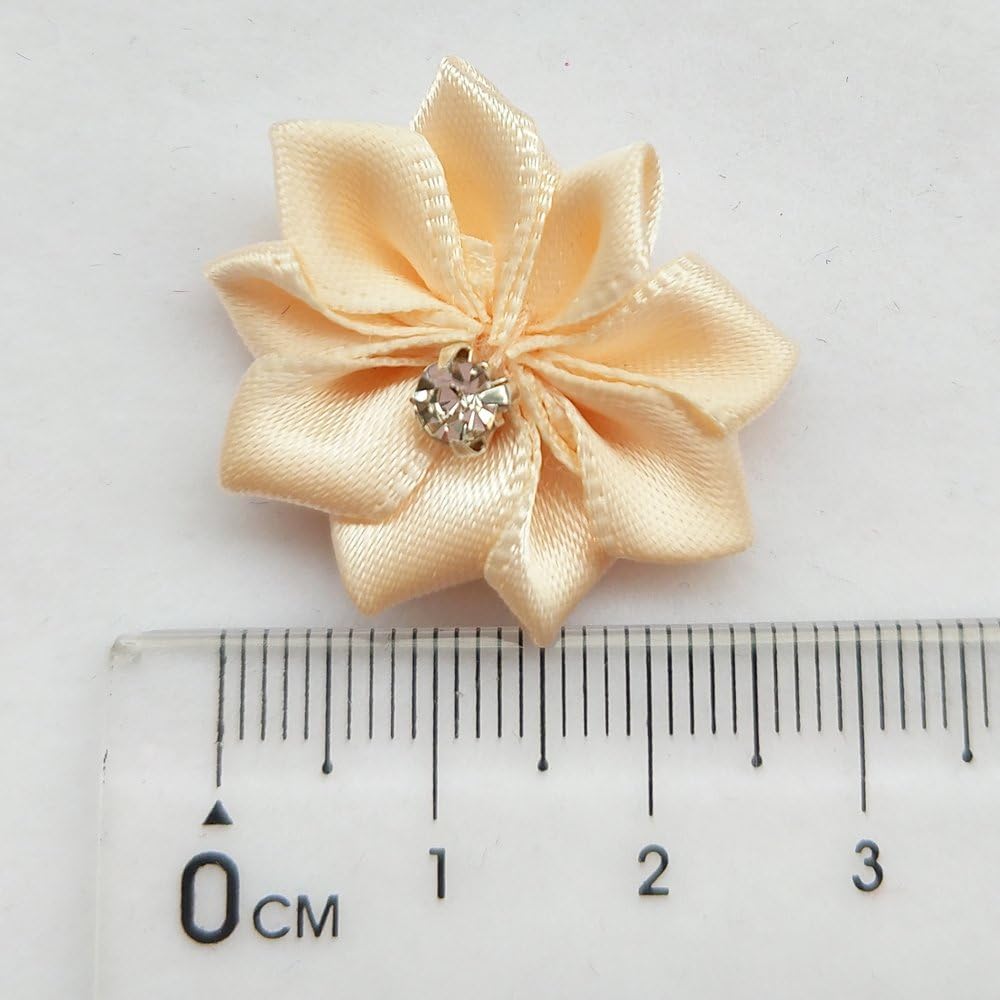 Beige(More Like Pink/Peach) 40pcs 28mm(1 1/8") Ribbon Flowers Bows Rhinestone Wedding Ornament Appliques