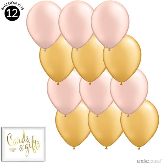 Andaz Press 11-inch Latex Balloon Duo Party Kit with Gold Cards & Gifts Sign, Peach and Gold, 12-pk, Champagne Rose Gold Theme Engagement Bridal Shower Decor