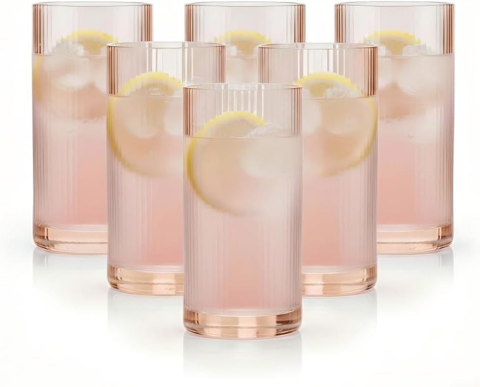 Physkoa Peach Ribbed Drinking Glasses Set of 6 – Vintage Embossed Highball Glassware, Thick Premium Tumbler Cups for Water, Cocktails, Iced Coffee, Modern Kitchen Bar Gift Set