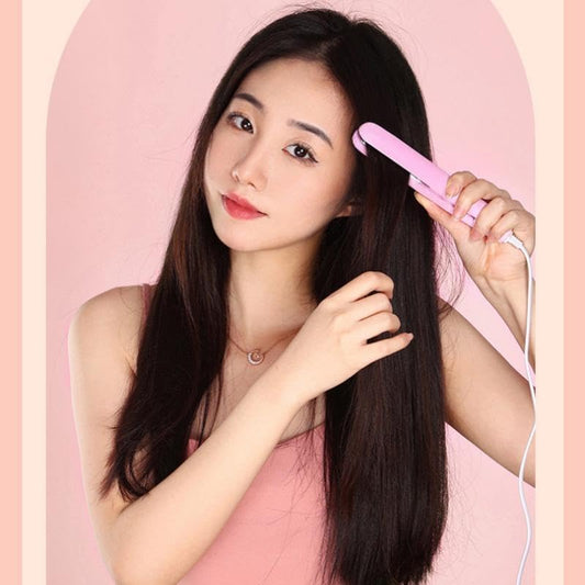 Mini Straightener, Multi-Color Plates, Quick Heating, Damage-Free, Bangs Clip, Dual-use for Curling and Straightening (Pink)