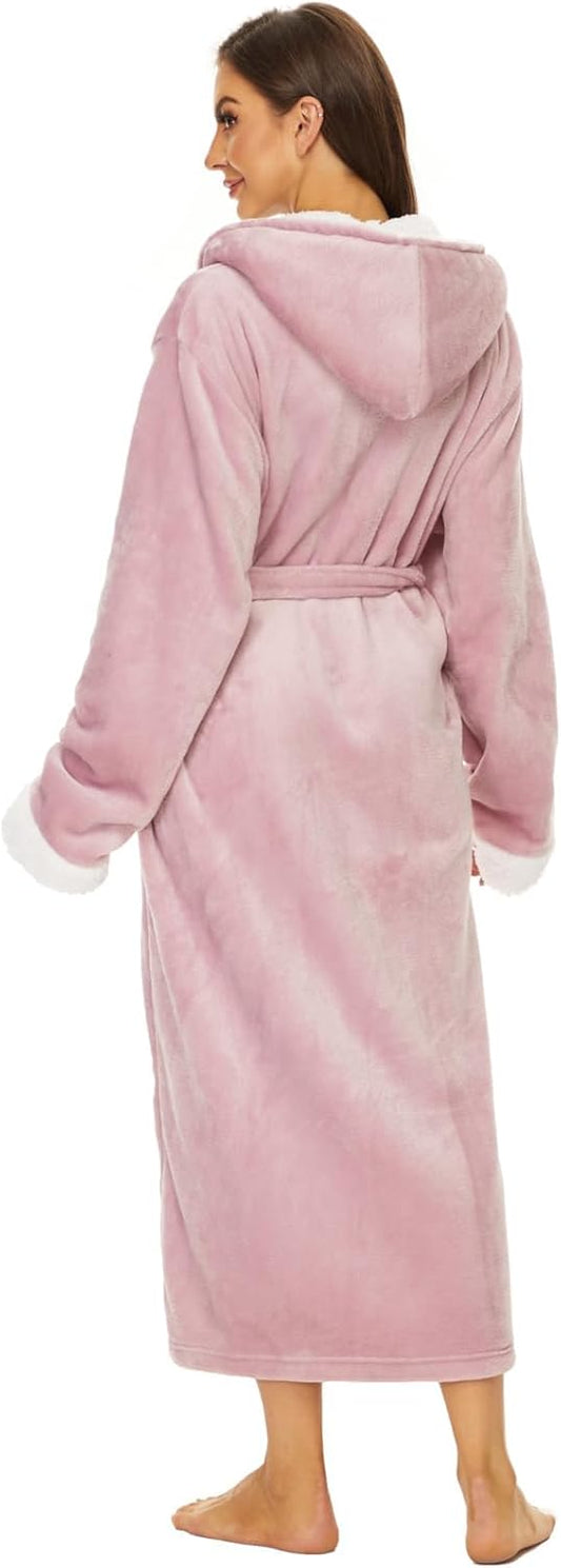 iniber Plush Robes for Women, Womens Robe Long, Fuzzy Fluffy Soft Warm Fleece Hooded Bathrobe