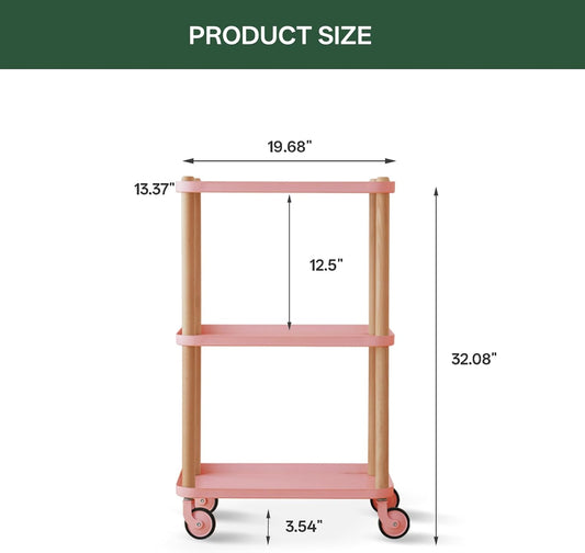 Rolling Storage Cart, 3 Tier Bathroom Organizer Mobile Shelving Unit, Metal Utility Cart Tower Rack with Beech Wood Frame for Kitchen Laundry Narrow Places(13.77"D x 19.68"W x 32.08"H, Pink)