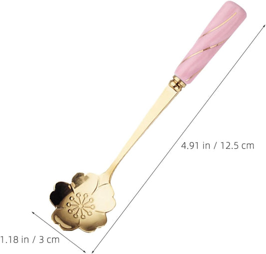Ipetboom 4pcs Dessert Spoons with Ergonomic Ceramic Handles Multipurpose Flower Design Coffee and Cake Spoons for Household Kitchen Use Pink Gold Cherry Blossom