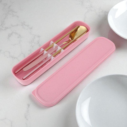 Livvera 410 Stainless Steel Spoon and Chopsticks Set with Portable Box, Gold Tone and Pink – 1 Set
