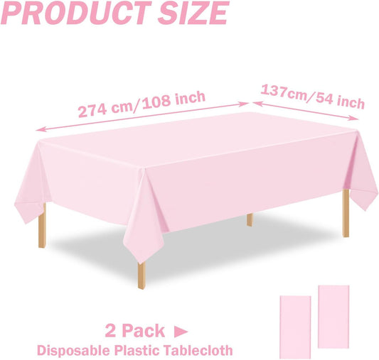 2 Pack Light Pink Plastic Table Cloth Disposable Rectangle Tablecloth 54 x 108 Inch, Light Pink Plastic Table Covers for Birthday Wedding Banquet Picnic Holiday Party Decorations