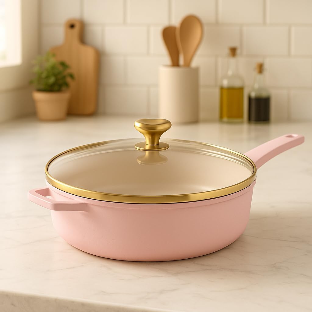 SKYREN 4 Quart Cast Aluminum Jumbo Cooker with Lid – Pink Lightweight Kitchen Pan for Everyday Preparations, Even Heating Base for Stews, Sauces and Cooking Projects