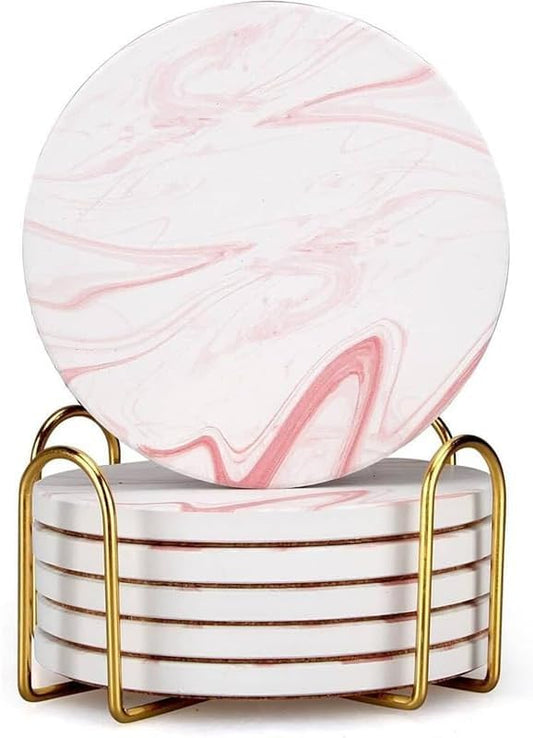 Cute Pink Marble Coasters Set of 6 Pack Stone Coffee Table Decor Absorbent Ceramic Cup Coaster with Holder Decorative Tea Bar Accessories Gift Kitchen Desk Coster Drink Modern Funny Aesthetic Coasters