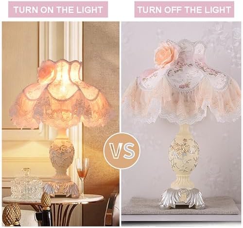 Vintage Pink Table Lamp, Victorian Style Lace Design, Pleated Fabric Shade Desk Lamp, Antique Flower Night Light for Bedroom Decorative Nightstand