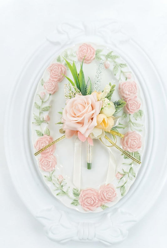 2 Pcs Wrist Corsage and Boutonniere Set, Blush Pink Corsage for Wedding, Boutonniere for Men Artificial Rose Flower Wristlet Bracelet Prom Ceremony Anniversary Accessories Decor Suit