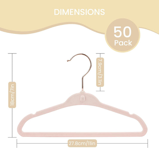 Kids Velvet Hanger 50 Pack, 11 Inch Baby Hangers with 10 Clips, Premium Non-Slip Newborn & Toddler Clothes Hangers with 360° Rose Gold Swivel Hook & Space-Saving Stackable Design, Pink