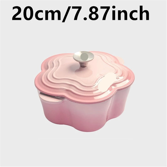 Casserole Dish 20cm Petal Cast Iron Oven Binaural Enamel Pot for Bake Bread and Casserole Dish Braising with Lid for All Heat Source (Pink)