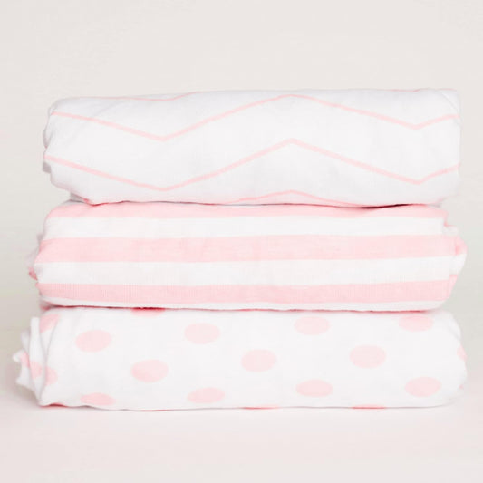 NODNAL CO. 3 Fitted Crib Sheets Pink Set for Baby Girl - 100% Oeko-TEX Cotton Nursery Bedding - Pink/White Chevron, Polka Dot, and Stripe - for Standard Baby or Toddler Crib Mattress 28โx52โx9โ Sheet