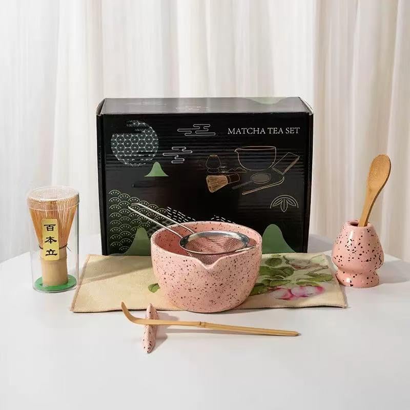Matcha Tea Set 8-Piece Ceramic Speckled Design with Teapot & Whisk - Complete Japanese Tea Ceremony Kit in Elegant Black Gift Box (pink)
