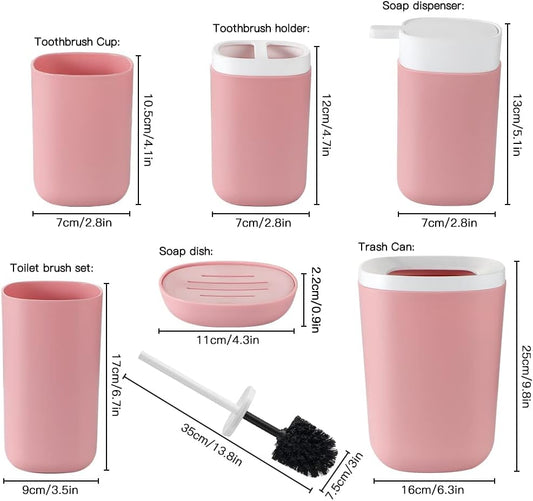Otostar 6 Piece Bathroom Accessory Set Plastic Bath Accessories Bathroom Gifts Set with Soap Dispenser Toothbrush Holder Tumbler Soap Dish Toilet Brush Holder Trash Can Decor Countertop (Light Pink)