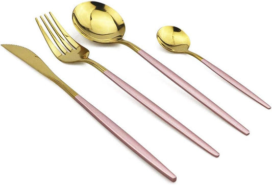 24-Piece Flatware Set, 18/0 Stainless Steel Knife Fork Spoon Teaspoon Silverware Set, Service for 6, Pink Handle Gold