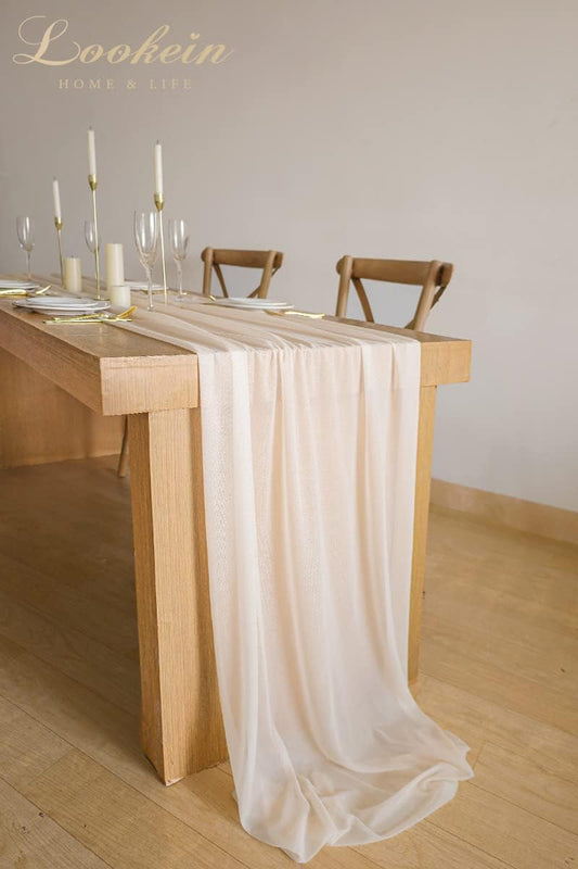 Lookein 10 Feet Champagne Chiffon Table Runner Sheer Wedding Table Cloth 29x120 Inches Rustic Wedding Decorations French Chiffon Table Runner
