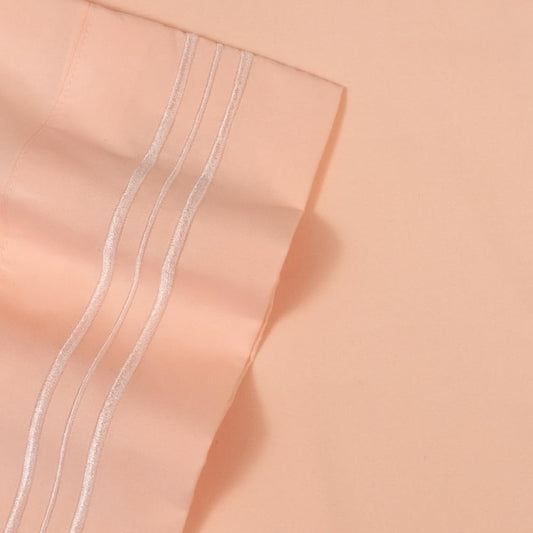 4-PC Soft Modern Elegant Premium Microfiber Bed Sheet Set California King Size | Contemporary Coral Peach Chic Solid Color Glam Pretty Stripe Embroidered Edges | Wrinkle Fade Resistant Luxury Bedding