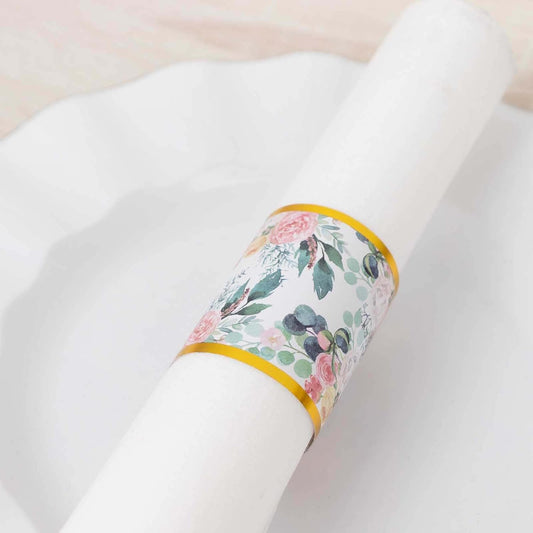 Efavormart 50 Pack Pink Peony Floral Paper Napkin Rings with Gold Edge, Disposable Napkin Holders Bands - 1.5"