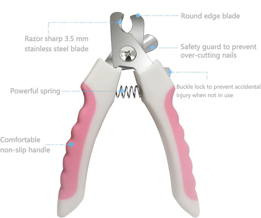 Pet Nail Clippers and Trimmers Set Safety Guard to Avoid Over Cutting Razor Sharp Blades Grooming Tool for All Small Large Dog Cat (Pink)