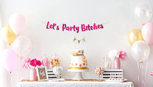 Pre-Strung Let's Party Bitches Pink Glitter Banner - Funny Bachelorette Party Decorations for Her - Party Supplies, Favors and Gifts