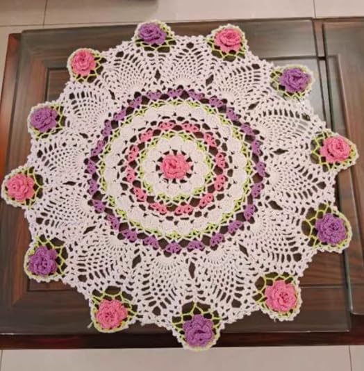 ABREEZE Round Floral Handmade Crochet Tablecloth,1 pc,19.7"x19.7",Cotton Purple & Pink Rose Country-Style Doily for Dining Table, Coffee Table and Nightstand