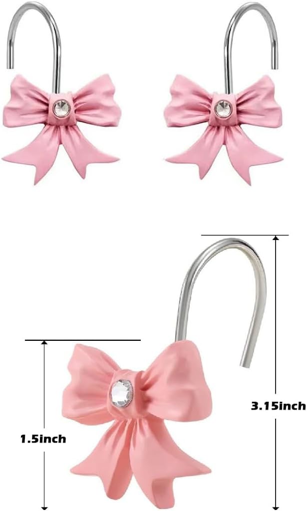 Decorative Shower Curtain Hooks 12PCS Pink Bow Knot Bathroom Shower Hooks Resin Decorative Curtain Hooks Curtain Rings for Bathroom Room Nursery Art Decors