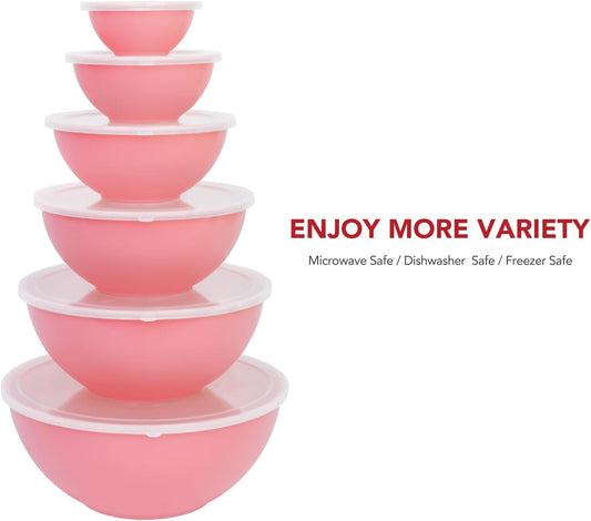 BoxedHome BPA Free Plastic Round Mixing Bowl with Lids, 12 Pack Nesting Bowls with Lids Set, Microwave and Dishwasher Safe Prep & Serving Bowls Great for Mixing, Baking, Serving (Pink, 12pcs)