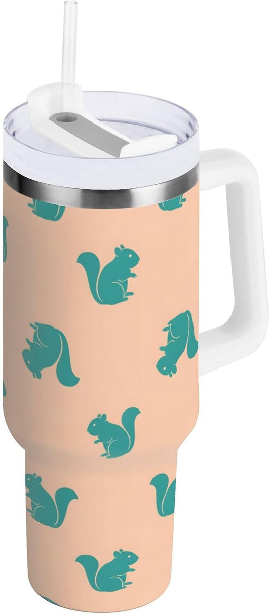 40 oz tumbler with handle and straw Blue Squirrel Pattern on Peach Stainless Steel Tumbler Leakproof Water Bottle Vacuum Insulated Cups With Lid Travel Mug For Car Cup Holder,