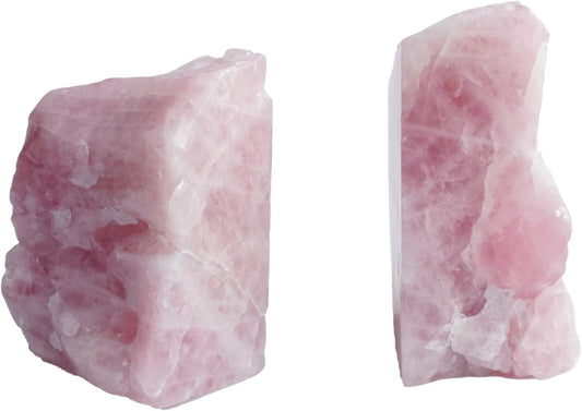 Rose Quartz Bookends - Decorative Stone Book Ends for Office Home Decor, Pink Crystal Book Lover Gift (1 Pair, 2-3 Lbs with Non-Slip Bumpers)