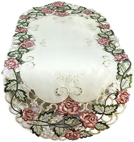 Table Runner Embroidered with Victorian Pink Roses on Ivory Material, Size 34 x 14 inches