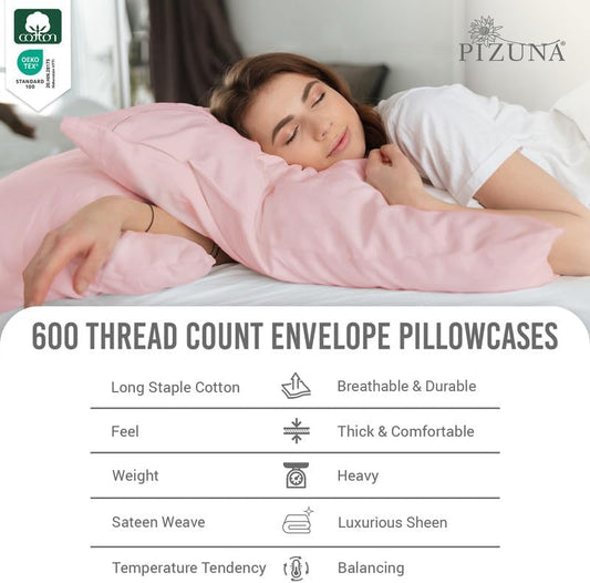 Pizuna 100% Cotton Pillow Cases Queen Size Set of 2 Luxury 600 Thread Count Sateen Weave Crisp and Cool Hotel Quality Envelope Closure Pillow Covers Fits Standard/Queen Pillows - Light Pink