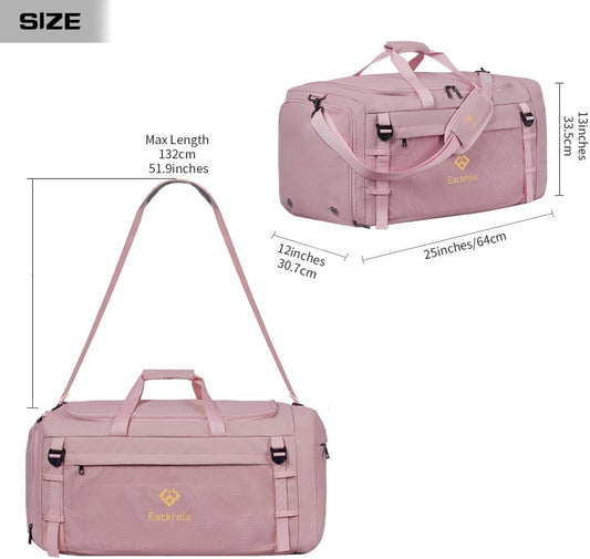 Large Sports Gym Bag, Travel Duffel bag with Wet Pocket & Shoes Compartment for men women, 65L, Lightweight(Pink)