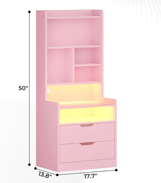 ADORNEVE Tall Night Stand with Charging Station and LED Lights,Nightstand with Bookshelf,Bedside Table with Drawers & Power Outlets,End Side Table for Bedrooms,Pink