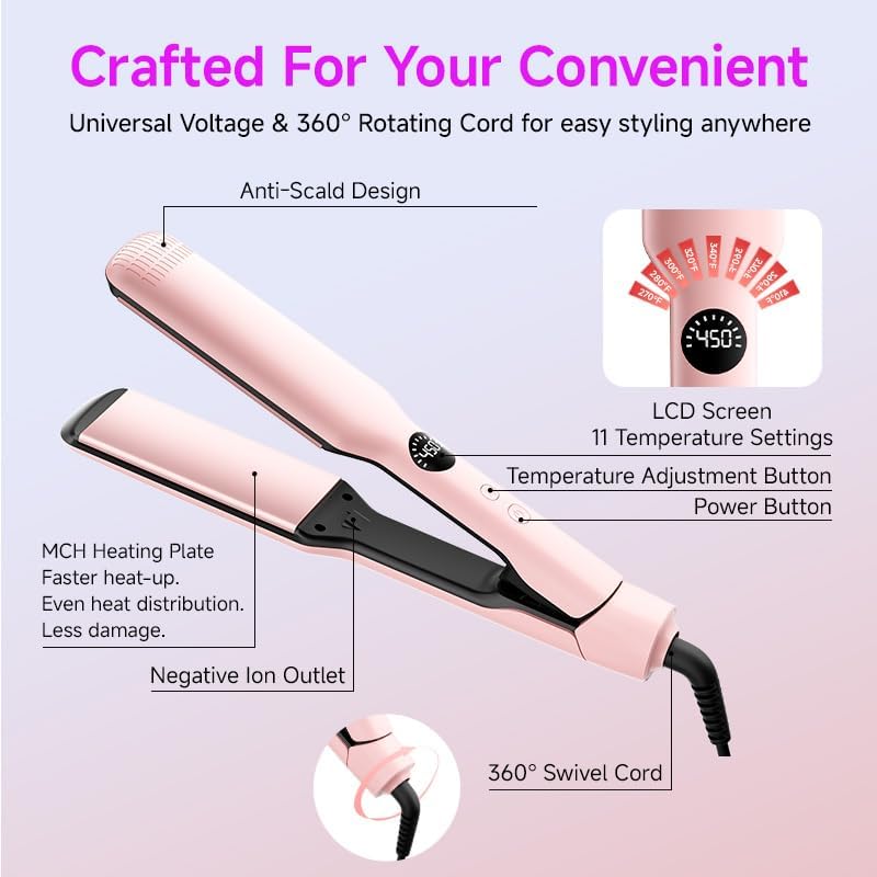 Professional Flat Iron,11 Temps,Fast Heat-Up,Wide Hair Straightener, Ceramic Floating Plate with LED Display, Negative Ion, Auto Shut-Off & Global Voltage, Pink