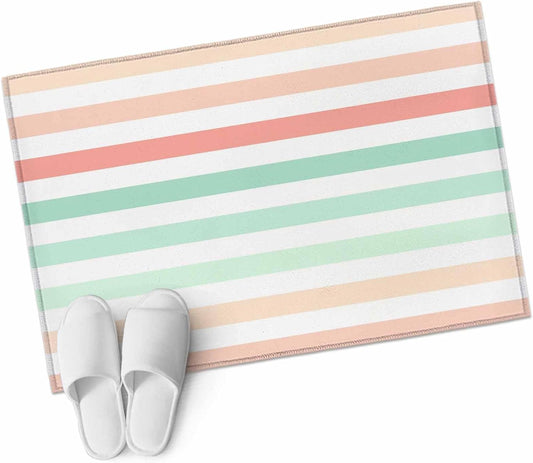 Peach Pink Green Ombre Entryway Area Rug 2'x3', Farmhouse Stripe Modern Indoor Door Mat Non Slip Kitchen Rug Runner, Washable Small Floor Mat Carpet for Bathroom