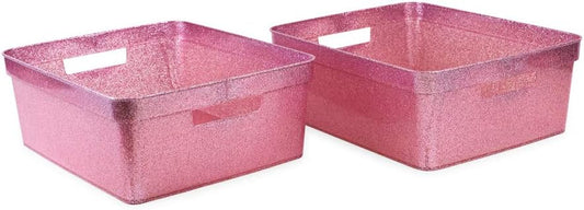 Isaac Jacobs Medium Glitter Storage Bin (14” x 11.5” x 5.5”) Set w/Cut-Out Handles, Plastic Organizer, Multi-Functional, Home Storage Solution, Kids Playroom, Bedroom, Closet (2, Pink)
